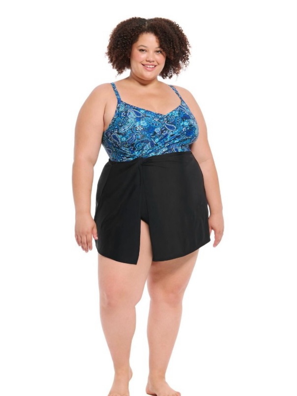 Plus Size Blue Paisley One-Piece Swim with Black Skirted Bottom